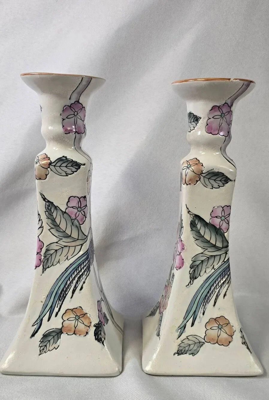 Vintage Hand-Painted Macau Porcelain Candlestick Holders - Floral Chinoiserie Pa